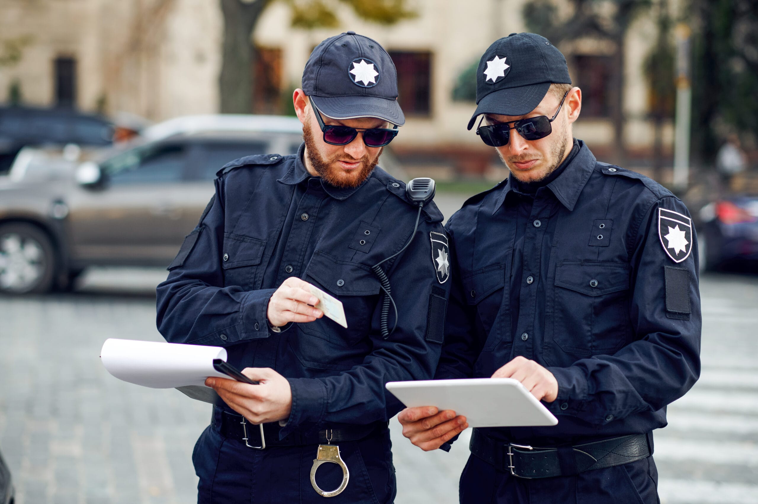 Two male police officers inspect car parking. Policemen in uniform protect the law, registration of an offense. Cops work on city street, order and justice control